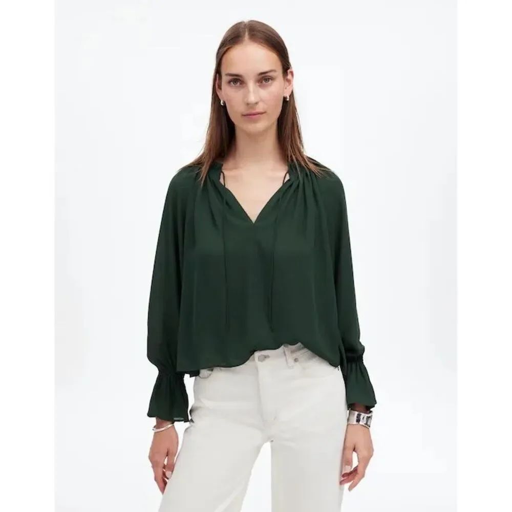 Madewell Long-Sleeve Tie-Neck Top Luxury Forest Sheer Blouse Size XS #1100